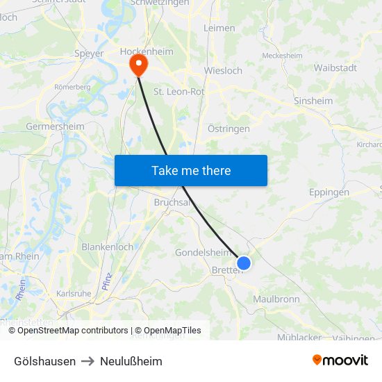 Gölshausen to Neulußheim map