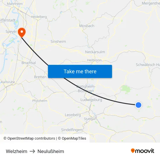 Welzheim to Neulußheim map