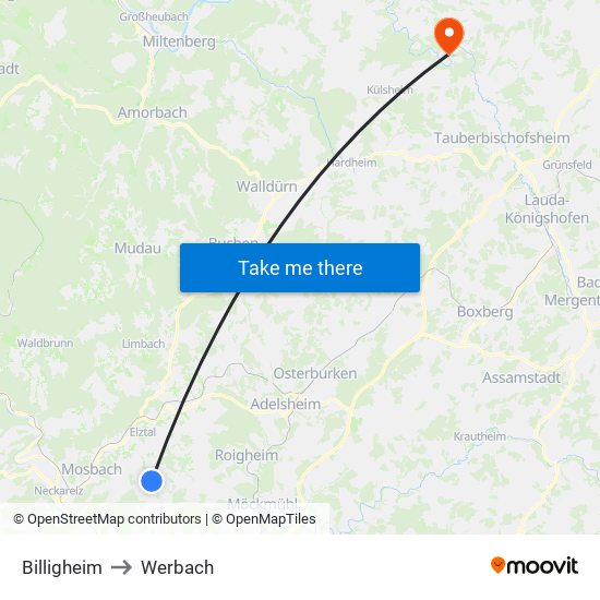 Billigheim to Werbach map