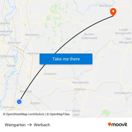 Weingarten to Werbach map