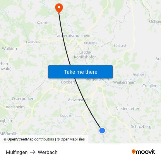 Mulfingen to Werbach map