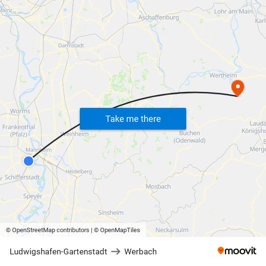 Ludwigshafen-Gartenstadt to Werbach map