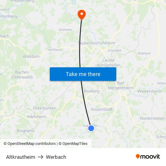 Altkrautheim to Werbach map