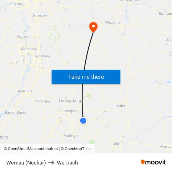 Wernau (Neckar) to Werbach map