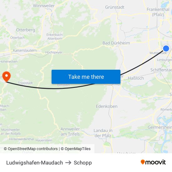 Ludwigshafen-Maudach to Schopp map