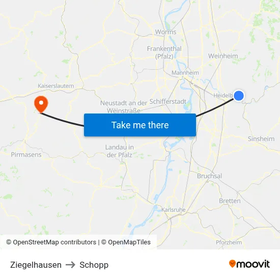 Ziegelhausen to Schopp map