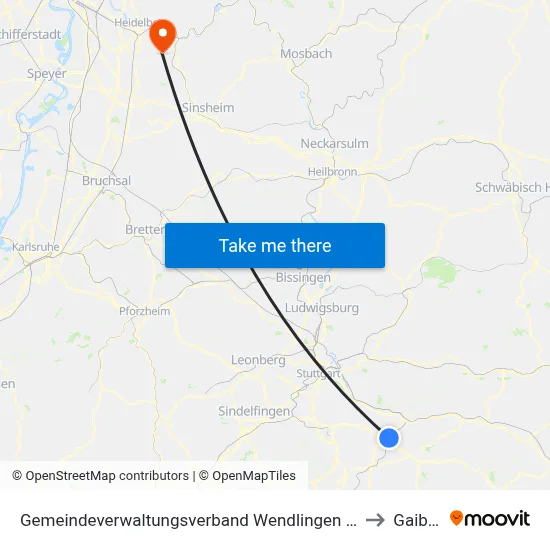 Gemeindeverwaltungsverband Wendlingen am Neckar to Gaiberg map