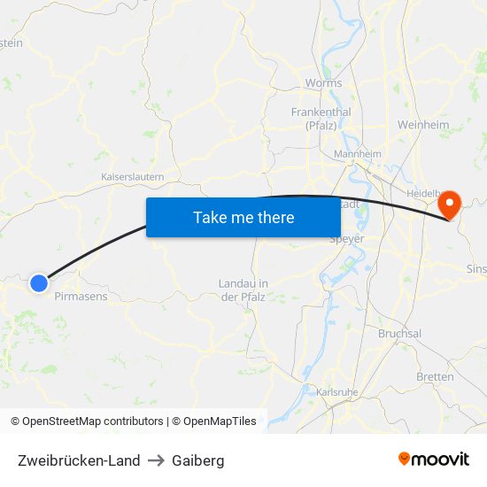 Zweibrücken-Land to Gaiberg map