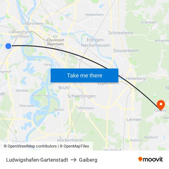 Ludwigshafen-Gartenstadt to Gaiberg map