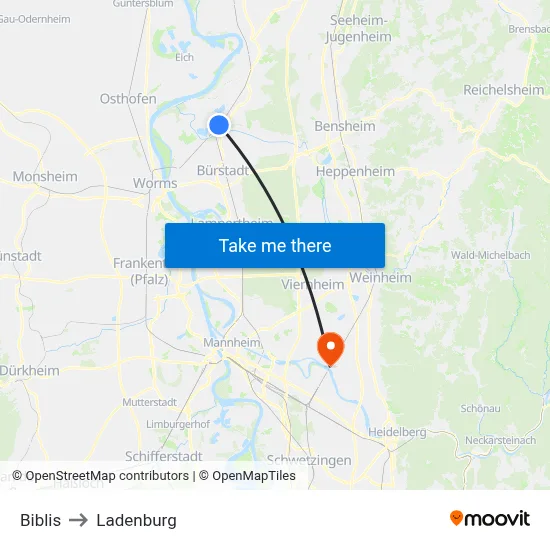 Biblis to Ladenburg map
