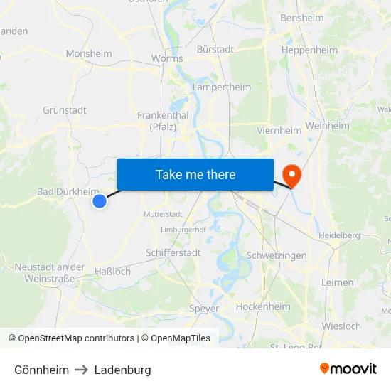 Gönnheim to Ladenburg map
