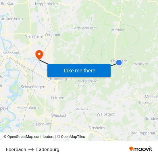 Eberbach to Ladenburg map