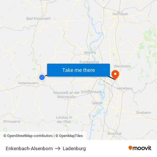 Enkenbach-Alsenborn to Ladenburg map