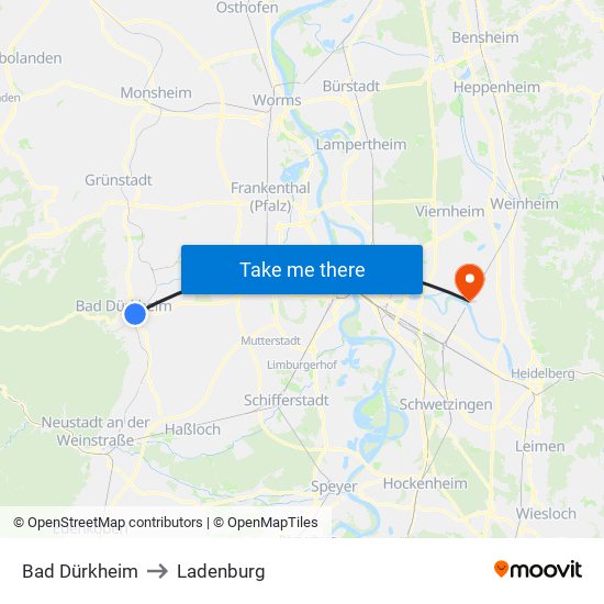 Bad Dürkheim to Ladenburg map