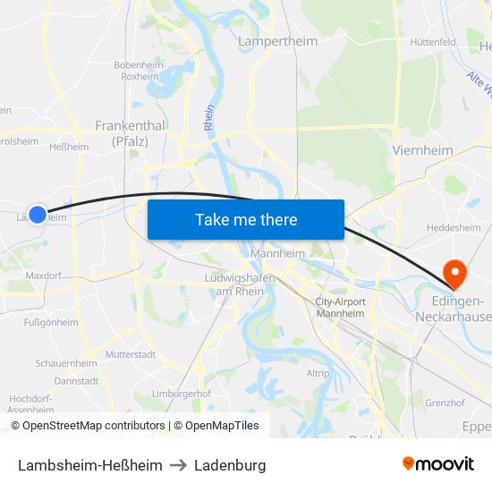 Lambsheim-Heßheim to Ladenburg map