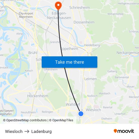 Wiesloch to Ladenburg map