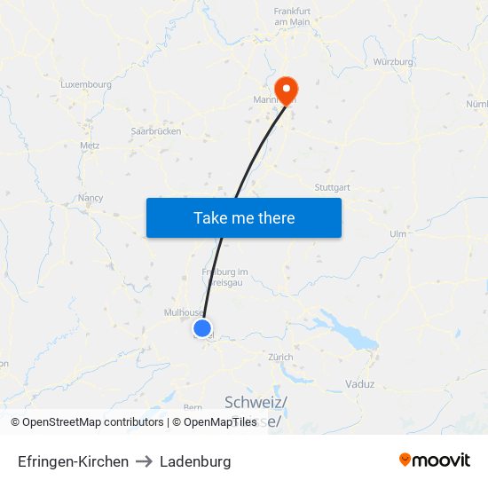 Efringen-Kirchen to Ladenburg map