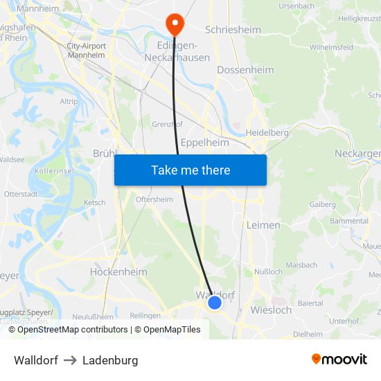 Walldorf to Ladenburg map