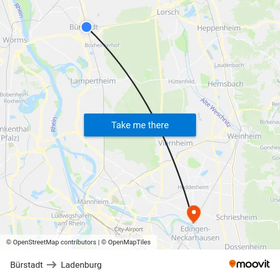 Bürstadt to Ladenburg map