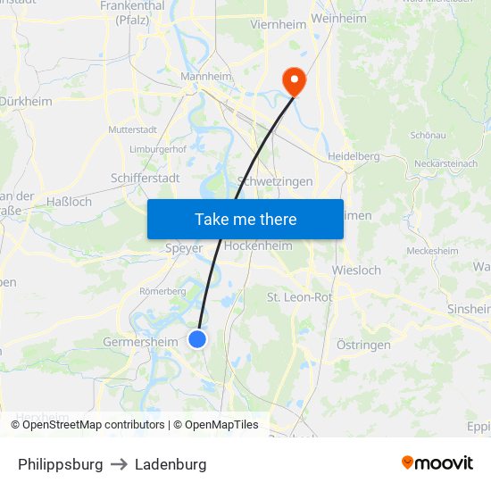 Philippsburg to Ladenburg map