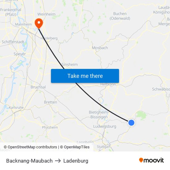 Backnang-Maubach to Ladenburg map