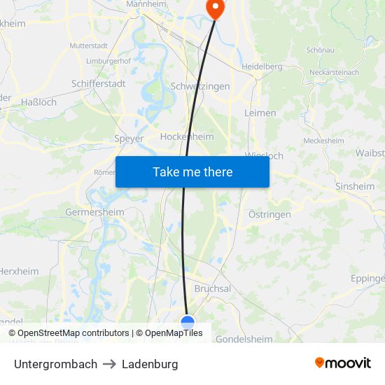 Untergrombach to Ladenburg map