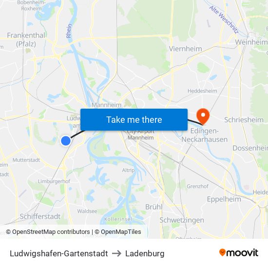 Ludwigshafen-Gartenstadt to Ladenburg map