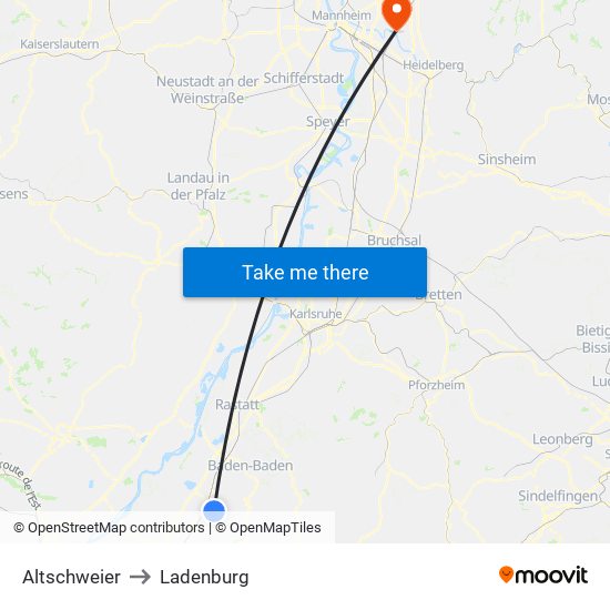 Altschweier to Ladenburg map