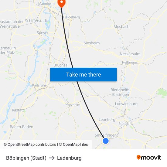 Böblingen (Stadt) to Ladenburg map