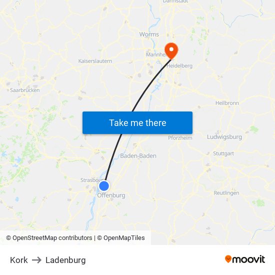 Kork to Ladenburg map