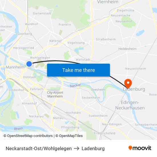 Neckarstadt-Ost/Wohlgelegen to Ladenburg map