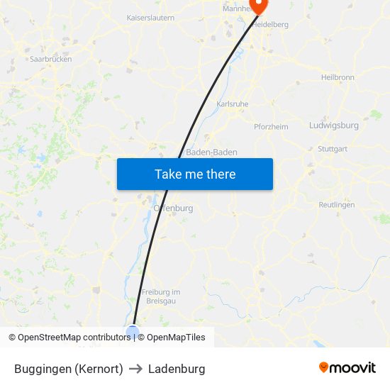 Buggingen (Kernort) to Ladenburg map