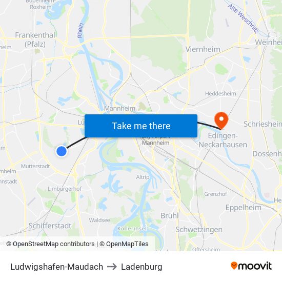 Ludwigshafen-Maudach to Ladenburg map