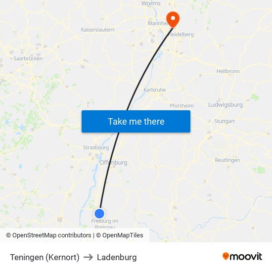 Teningen (Kernort) to Ladenburg map