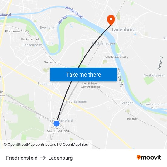 Friedrichsfeld to Ladenburg map