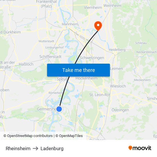 Rheinsheim to Ladenburg map