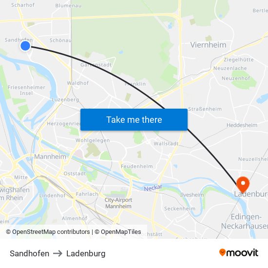 Sandhofen to Ladenburg map