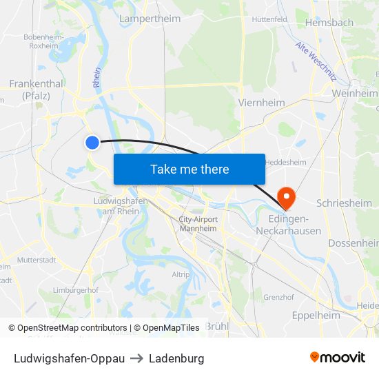 Ludwigshafen-Oppau to Ladenburg map