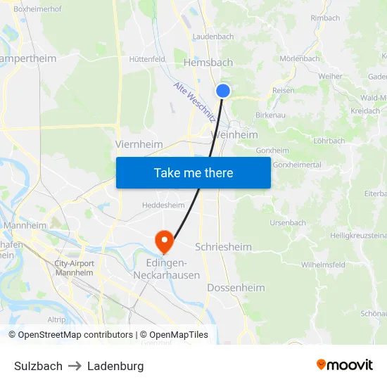 Sulzbach to Ladenburg map