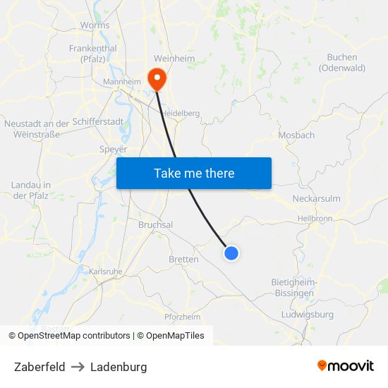 Zaberfeld to Ladenburg map