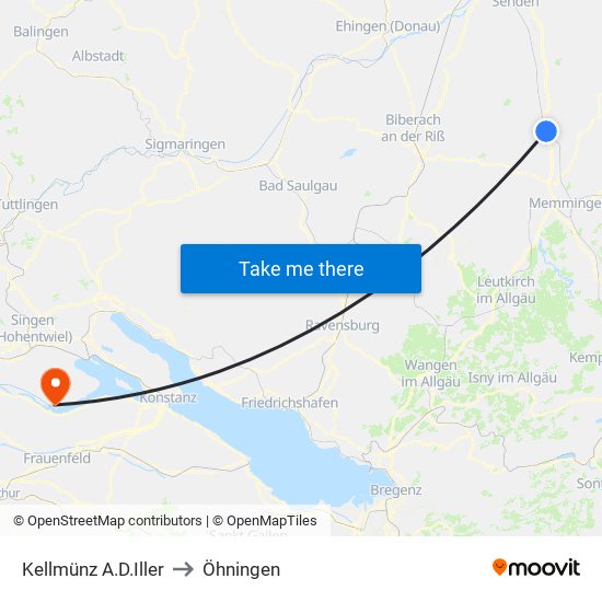 Kellmünz A.D.Iller to Öhningen map