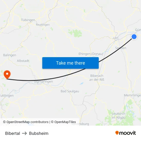 Bibertal to Bubsheim map