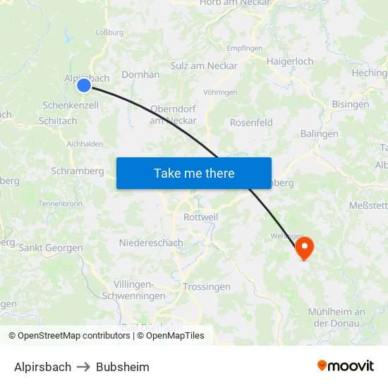 Alpirsbach to Bubsheim map