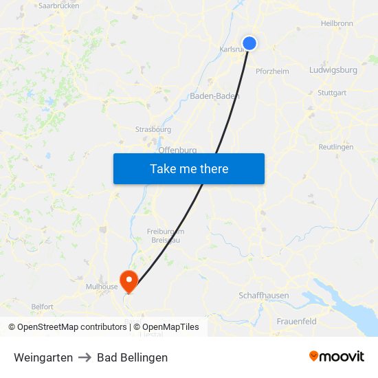 Weingarten to Bad Bellingen map
