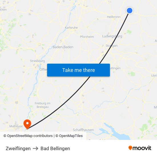 Zweiflingen to Bad Bellingen map