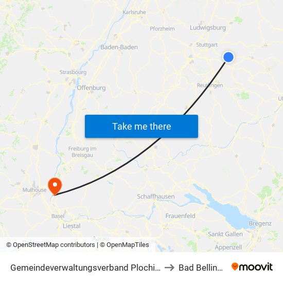 Gemeindeverwaltungsverband Plochingen to Bad Bellingen map