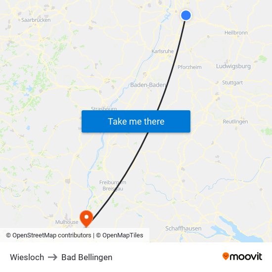 Wiesloch to Bad Bellingen map