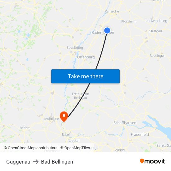 Gaggenau to Bad Bellingen map