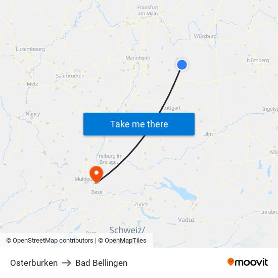 Osterburken to Bad Bellingen map