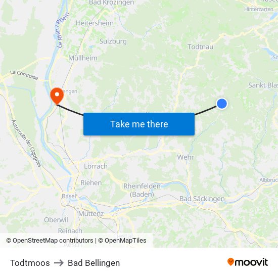 Todtmoos to Bad Bellingen map